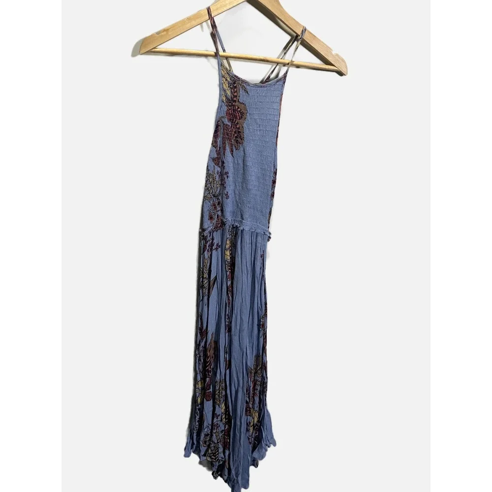 Free People Midi Dress Womens Small Blue Floral Smocked‎ Boho Summer
